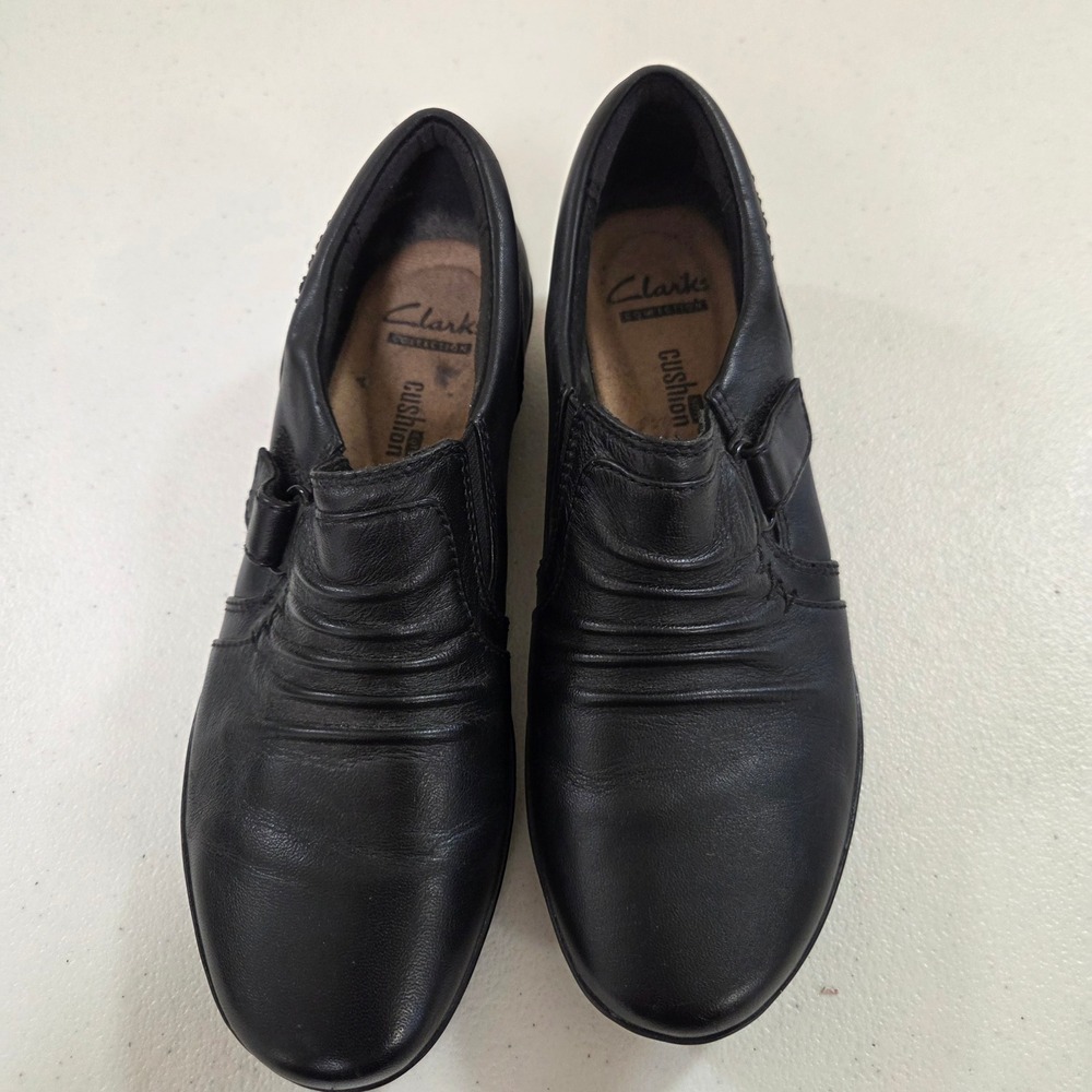 Clarks Collection Everlay Coda Black Leather Ruched Wedge Loafers Womens 6.5 M - Picture 4 of 6
